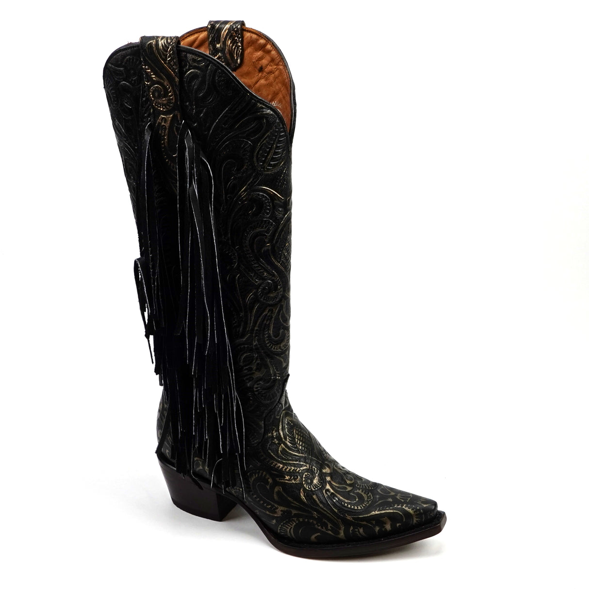 Black cowboy boot with intricate designs on a white background