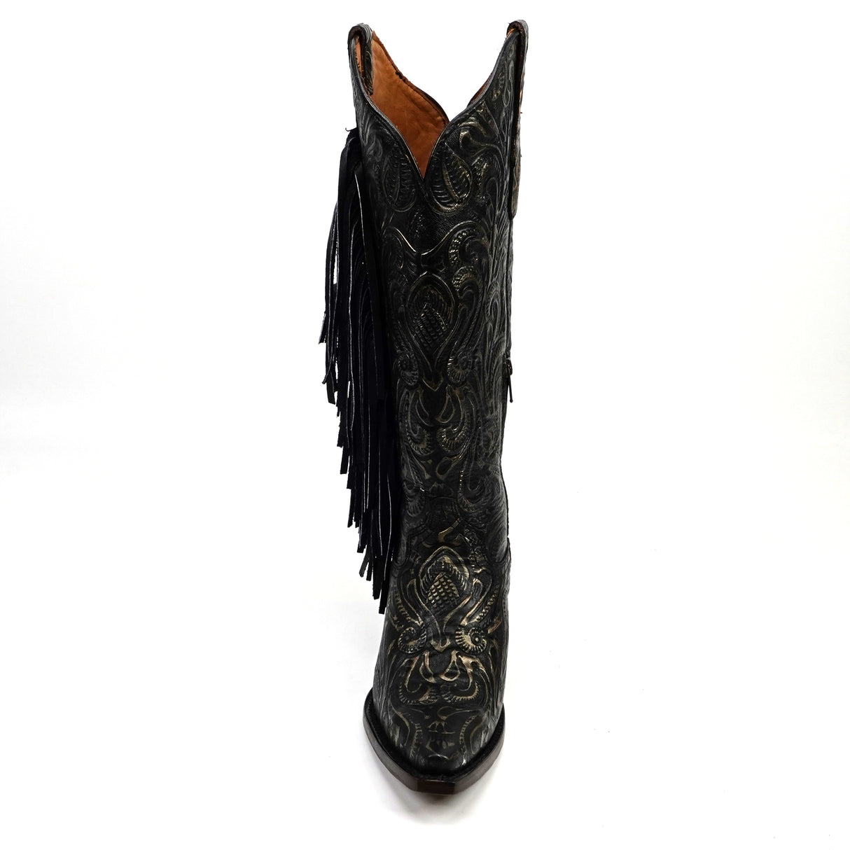 Black cowboy boot with intricate designs and fringes on a white background