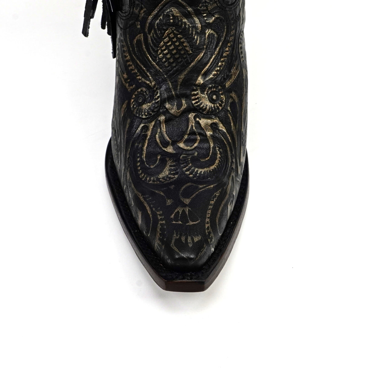 Black leather boot with intricate gold embroidery on a white background