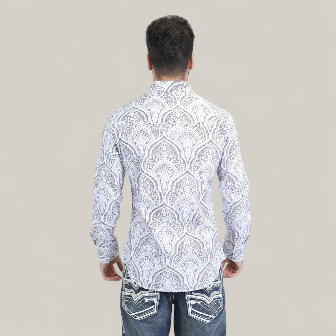 A man stands facing away, wearing the Mens Western Modern Fit Cotton/Spandex Long Sleeve White Shirt with Snaps (WPL10822) and blue jeans with white-stitched back pockets, against a plain beige background.