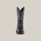A Lizard Print Black boot, featuring a slip-resistant sole and rodeo toe, stands upright against a plain white background. It boasts textured patterns and detailed stitching on the shaft.