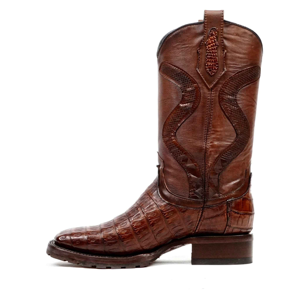 Rhodes Platinum Caiman Belly Double Sole Boots - Brandy - Square Toe