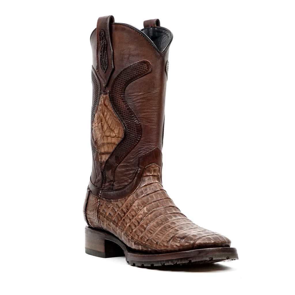 Rhodes Platinum Caiman Belly Double Sole Boots - Tobacco- Square Toe