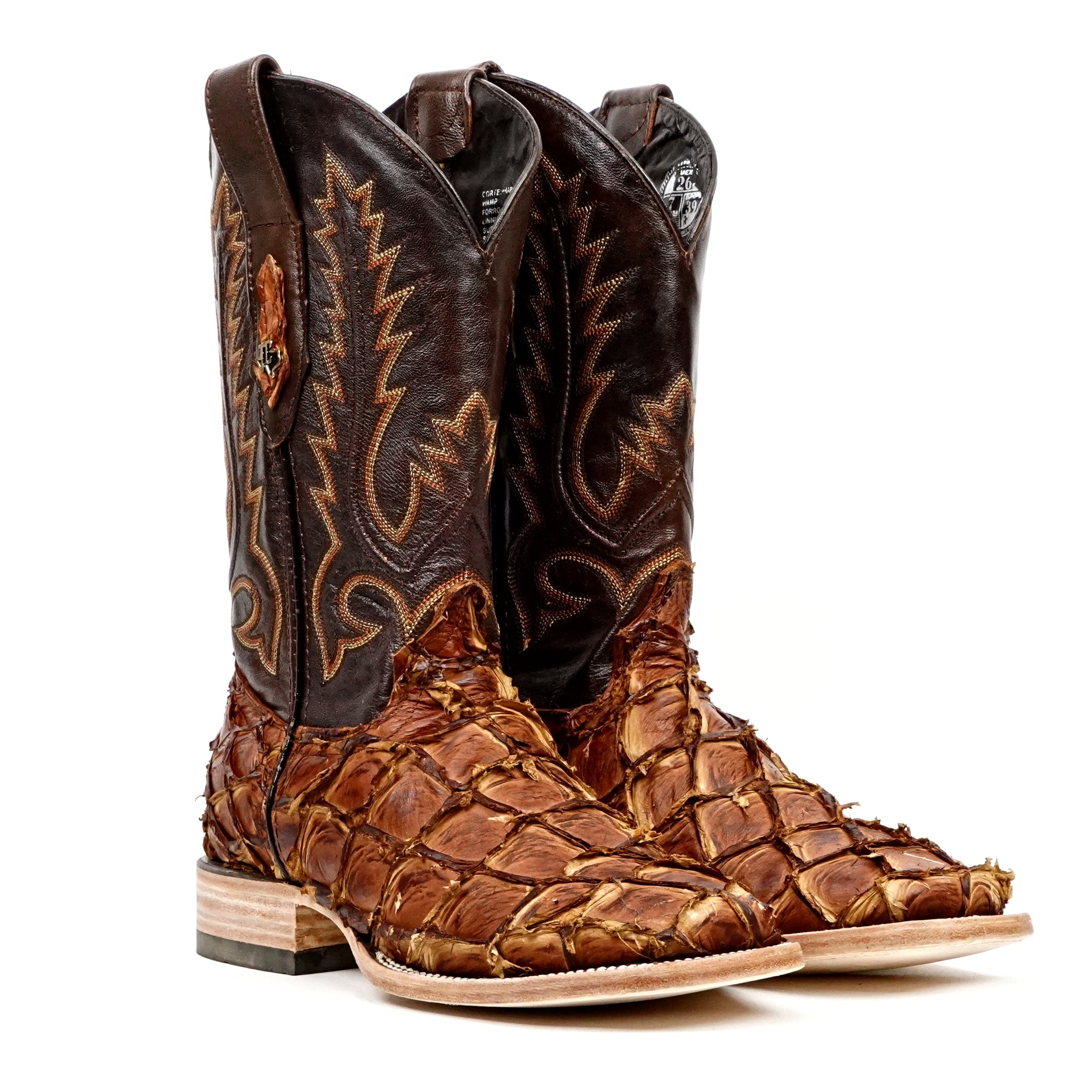 Connor Pirarucu Fish Boots- Pecan - Square Toe (PZ60) - Gomez Western Wear