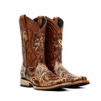 Botas Orix Florales Grabadas a Mano - Piel Repujada - Punta Rodeo (E696)