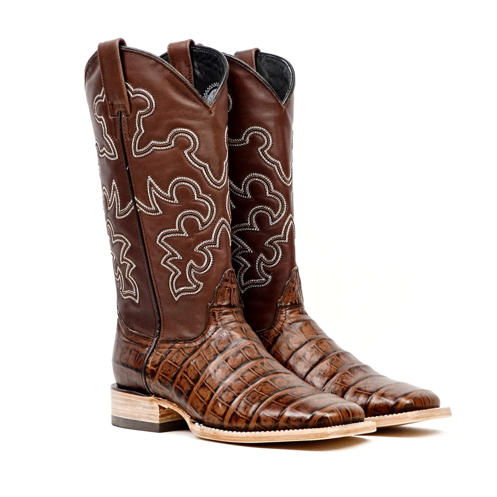 Botas Cowboy Chocolate Piel Estampada Vientre de Caimán - Punta Cuadrada (E423)
