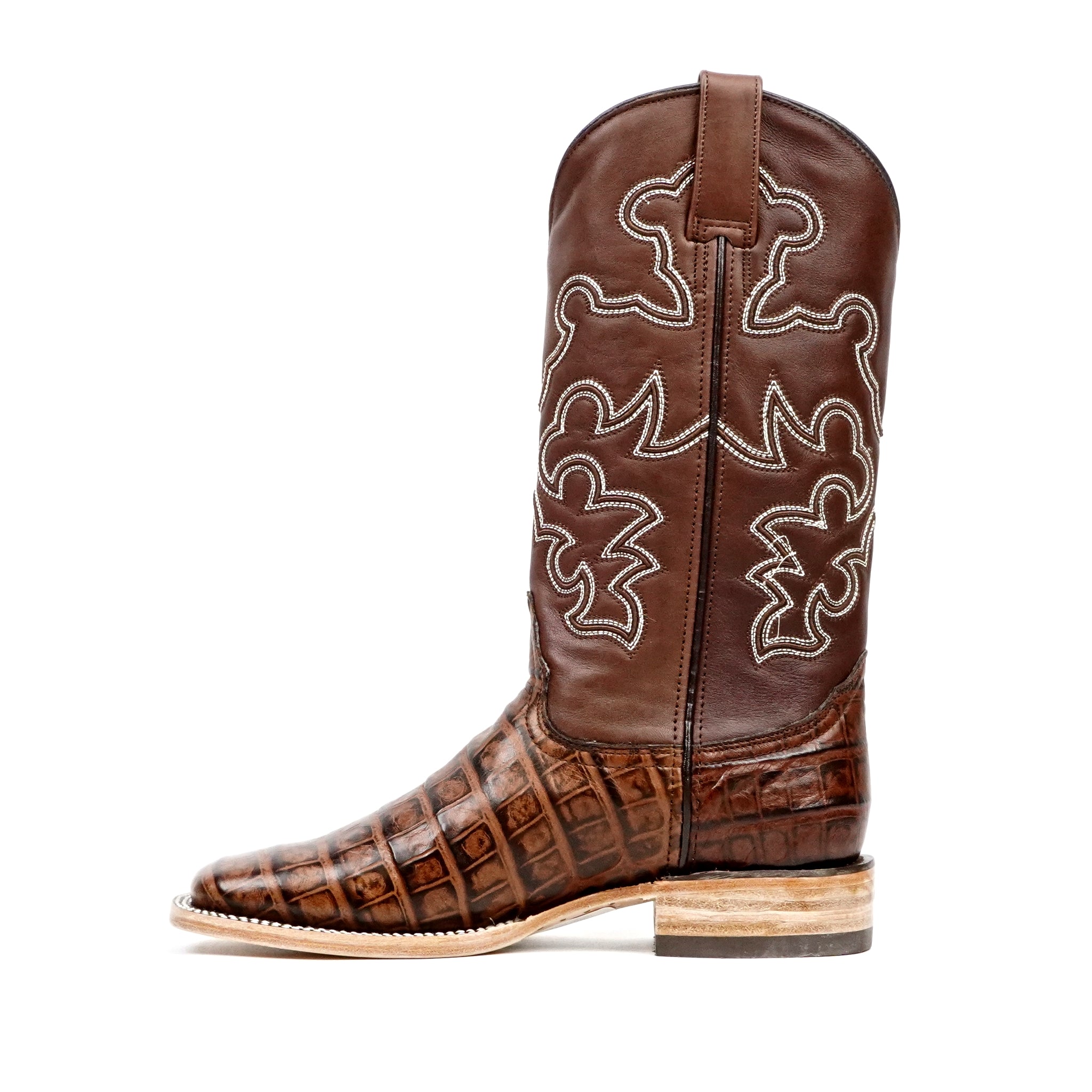 Botas Cowboy Chocolate Piel Estampada Vientre de Caimán - Punta Cuadrada (E423)