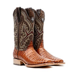 Botas color coñac con diseño de vientre de caimán - Piel repujada - Punta cuadrada (E426)