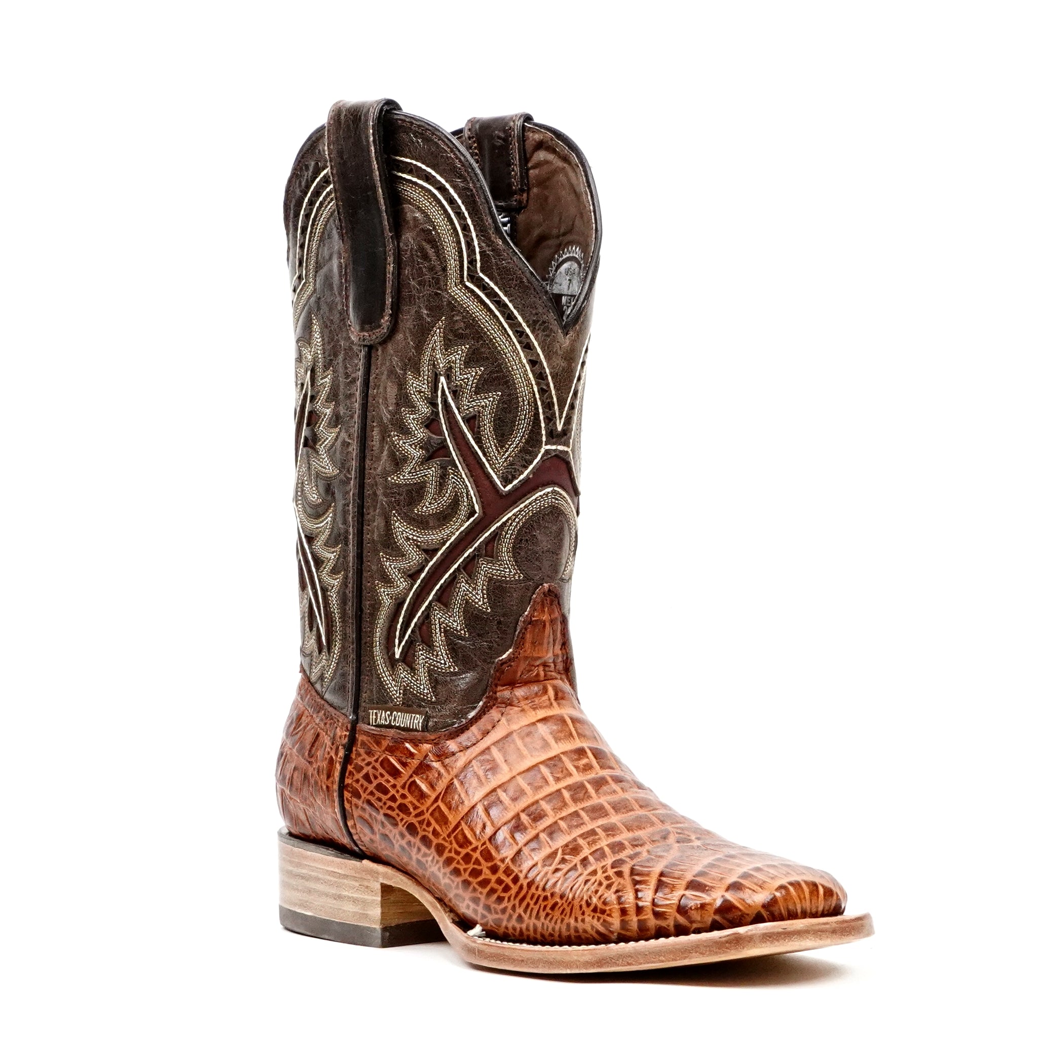Botas color coñac con diseño de vientre de caimán - Piel repujada - Punta cuadrada (E426)