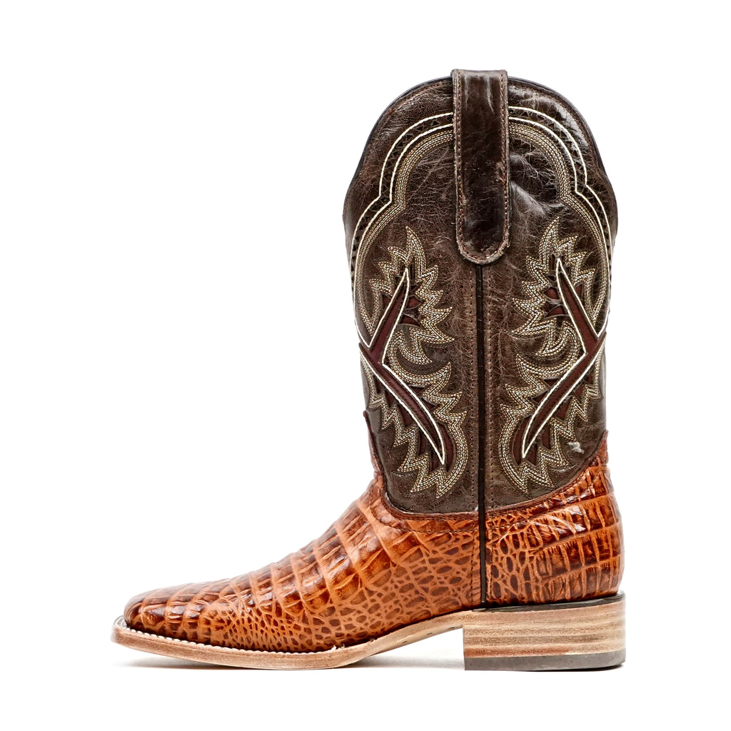 Botas color coñac con diseño de vientre de caimán - Piel repujada - Punta cuadrada (E426)