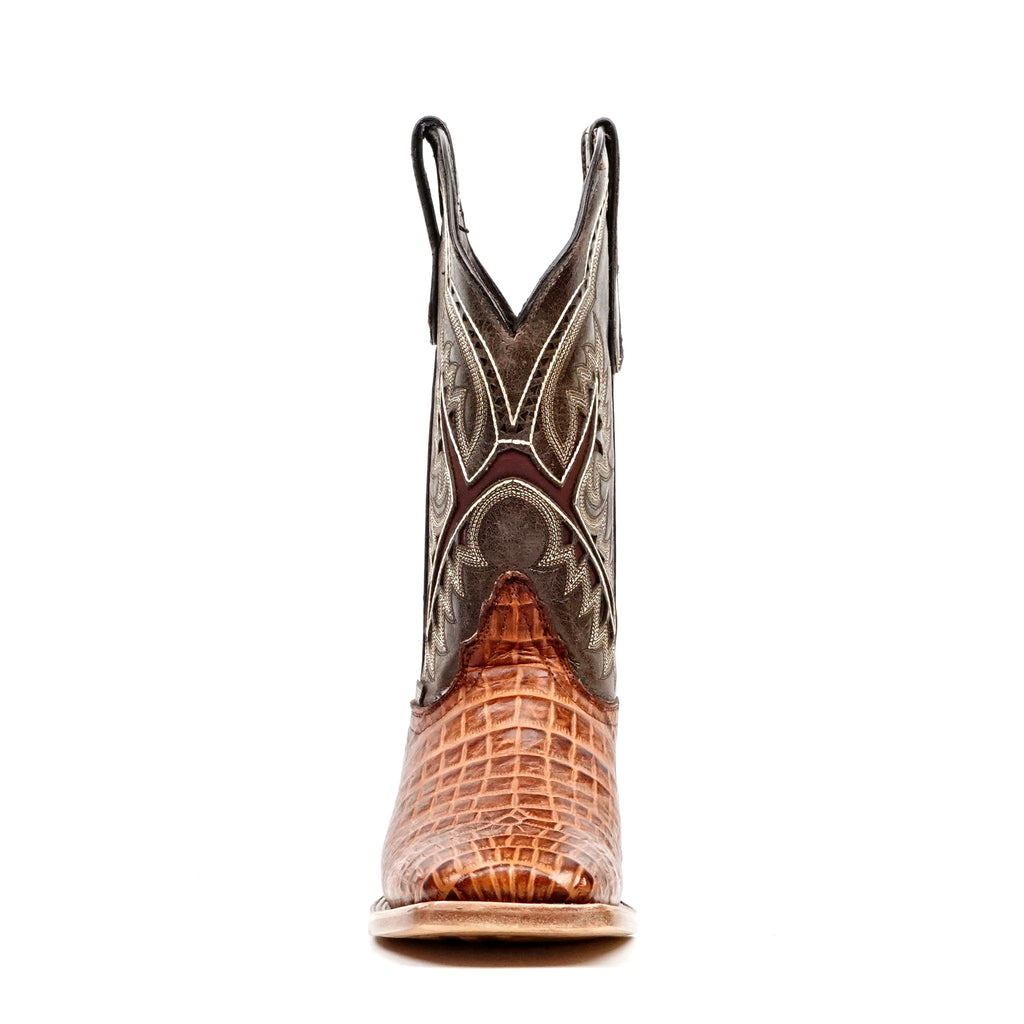 Botas color coñac con diseño de vientre de caimán - Piel repujada - Punta cuadrada (E426)