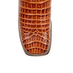 Botas color coñac con diseño de vientre de caimán - Piel repujada - Punta cuadrada (E426)