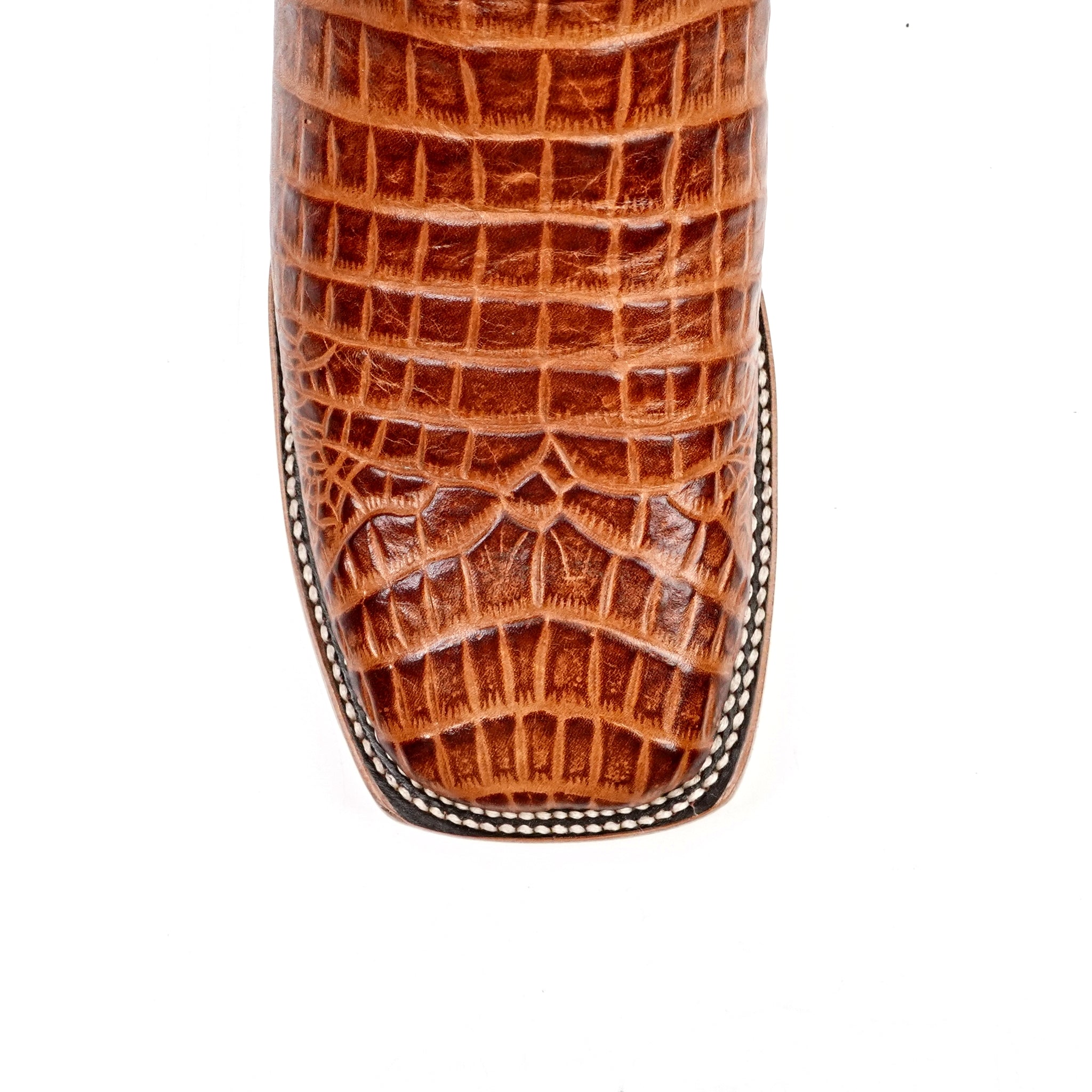 Botas color coñac con diseño de vientre de caimán - Piel repujada - Punta cuadrada (E426)