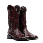 Botas de avestruz color cereza negra - Piel repujada - Punta cuadrada (E424)