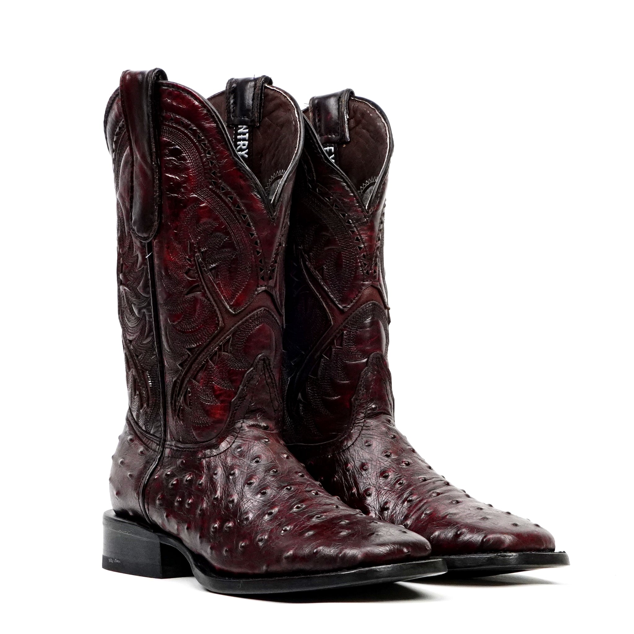 Botas de avestruz color cereza negra - Piel repujada - Punta cuadrada (E424)