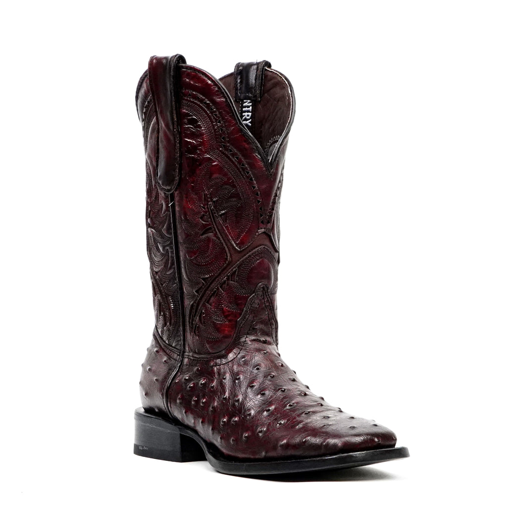 Botas de avestruz color cereza negra - Piel repujada - Punta cuadrada (E424)
