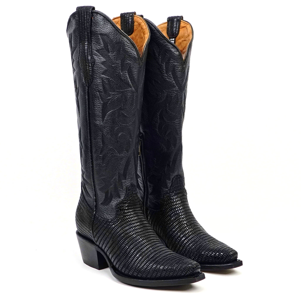 Embossed Lizard Black Cowgirl Boots - Tall Shaft - Snip Toe (E873)
