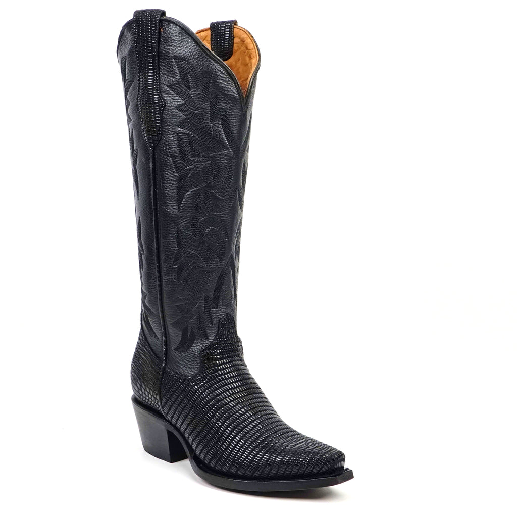 Embossed Lizard Black Cowgirl Boots - Tall Shaft - Snip Toe (E873)