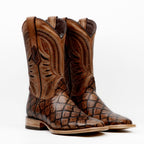 Botas de chocolate Pirarucu - Piel repujada - Punta cuadrada (E687)