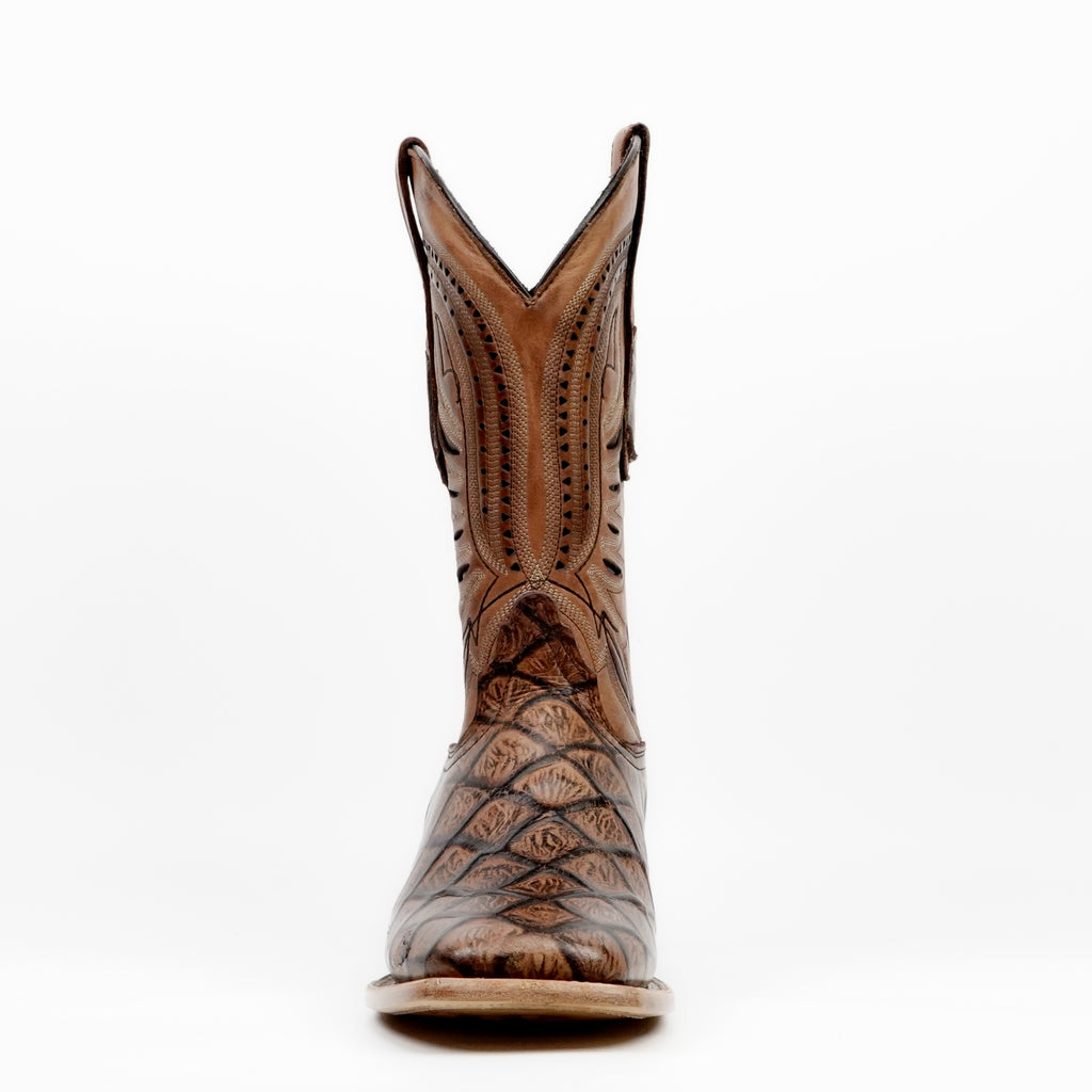 Botas de chocolate Pirarucu - Piel repujada - Punta cuadrada (E687)