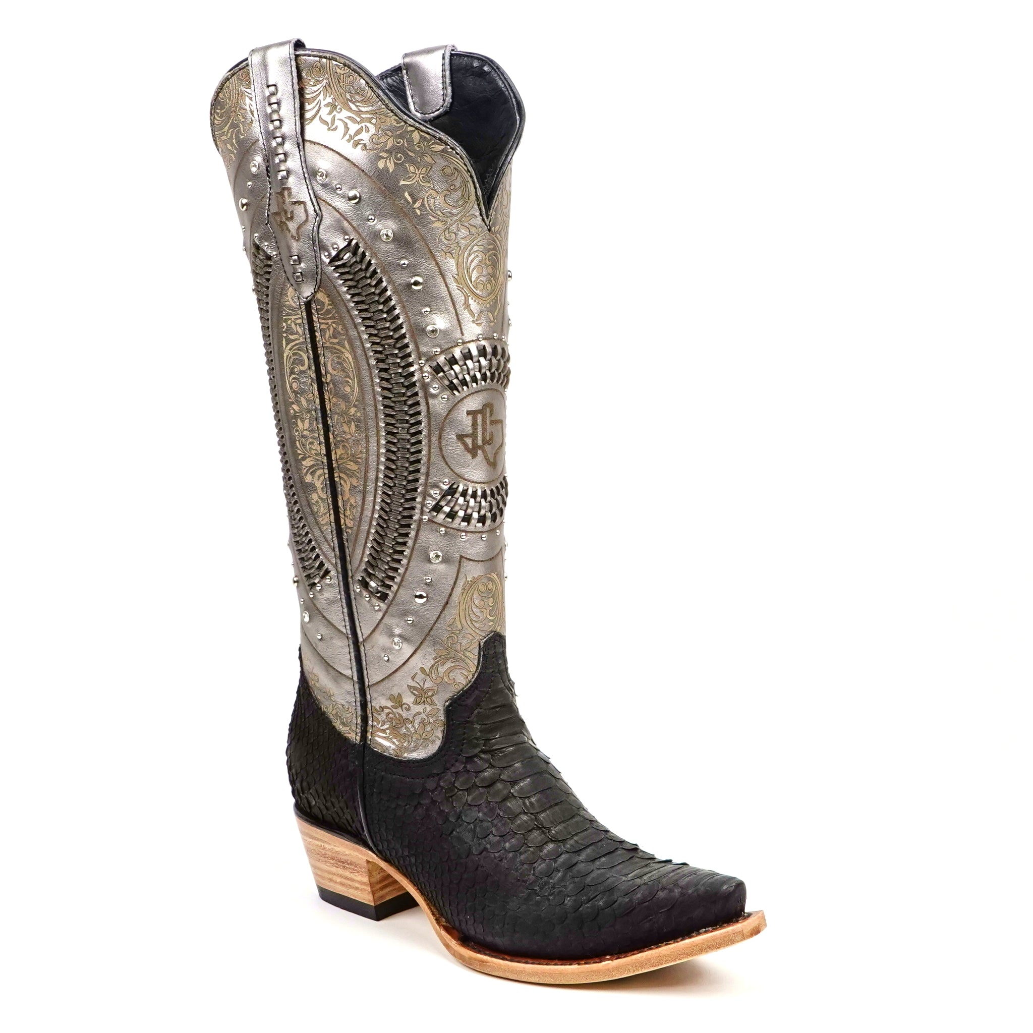 Python Black &amp; Silver Cowgirl Boots - Tall Shaft - Snip Toe (E31)