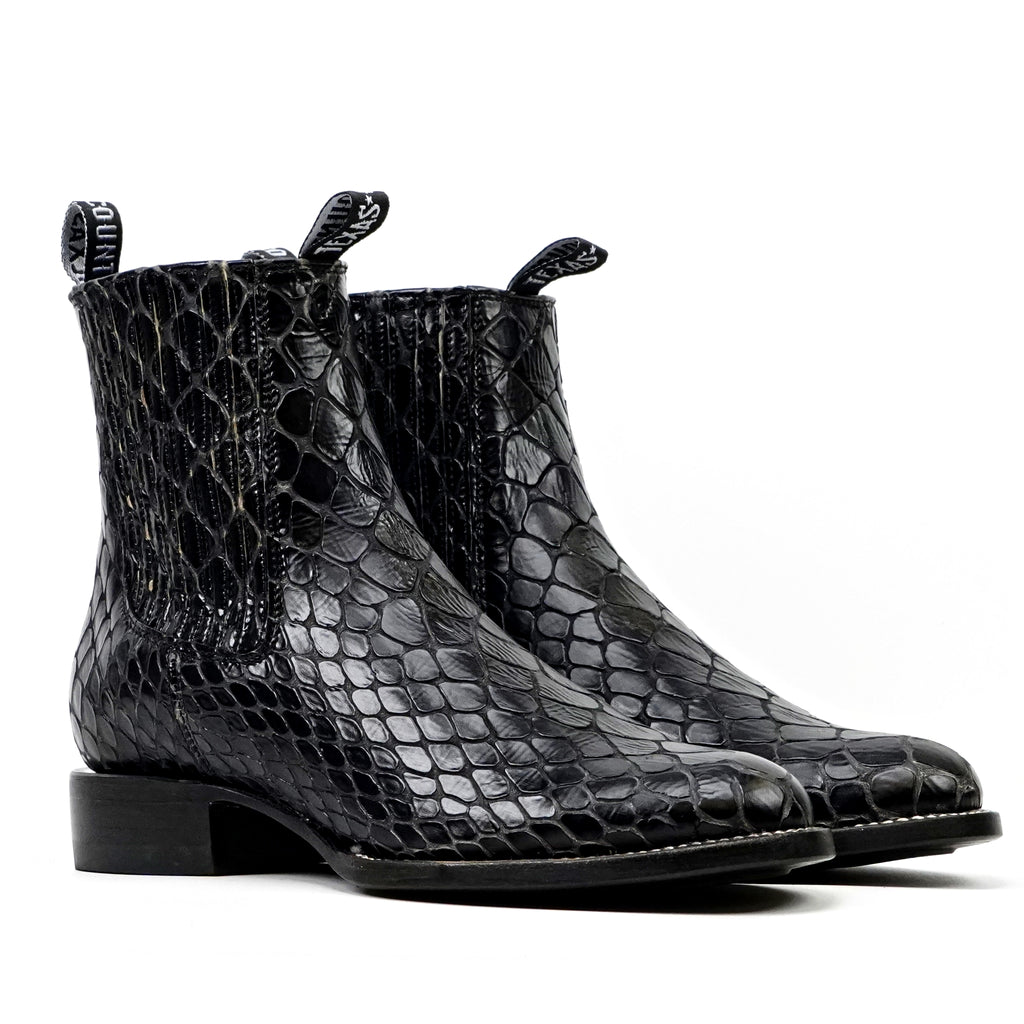 Black Snake Ankle Boots - Embossed Leather - Roper Toe (E955)