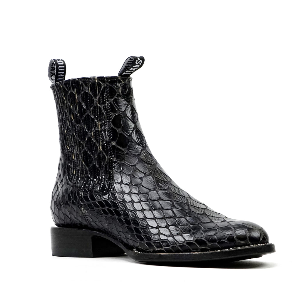 Black Snake Ankle Boots - Embossed Leather - Roper Toe (E955)