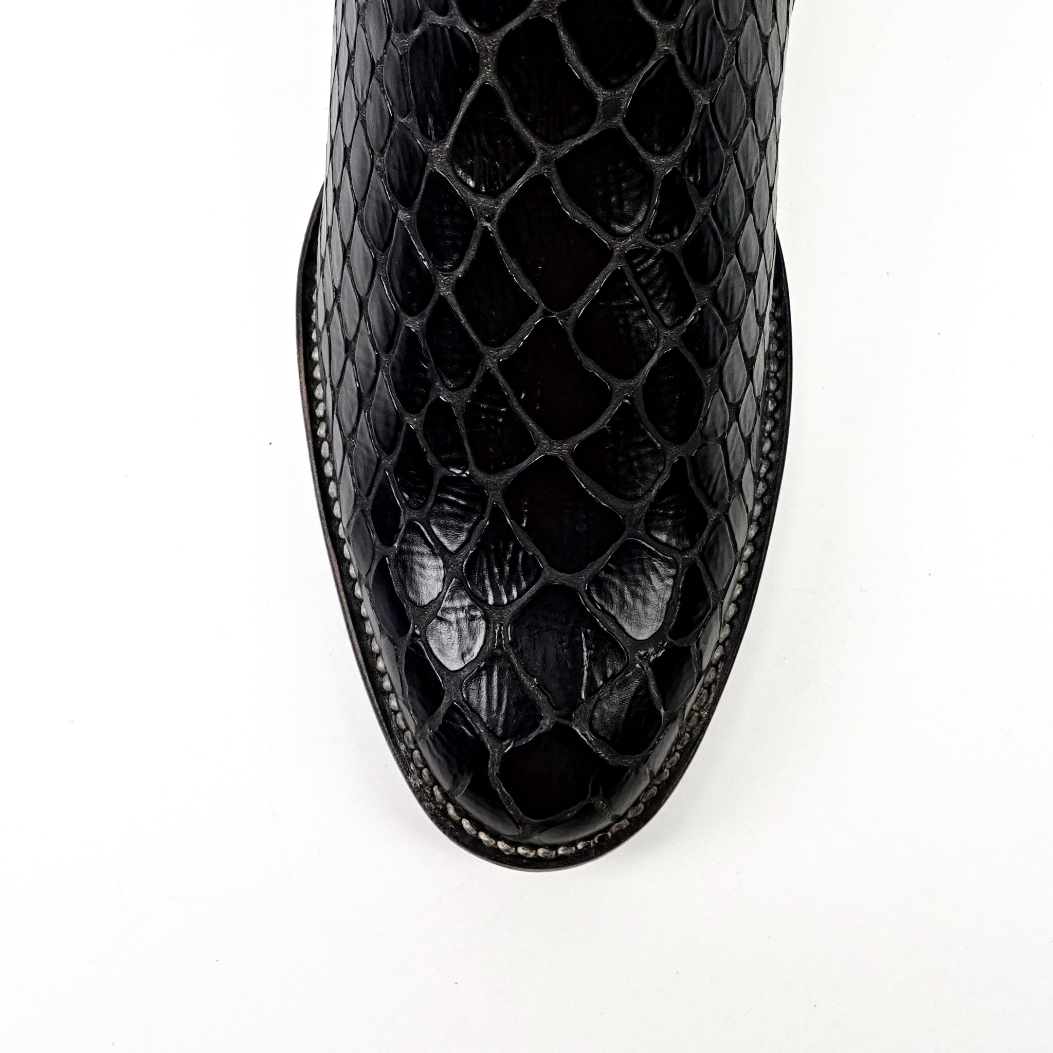 Black Snake Ankle Boots - Embossed Leather - Roper Toe (E955)