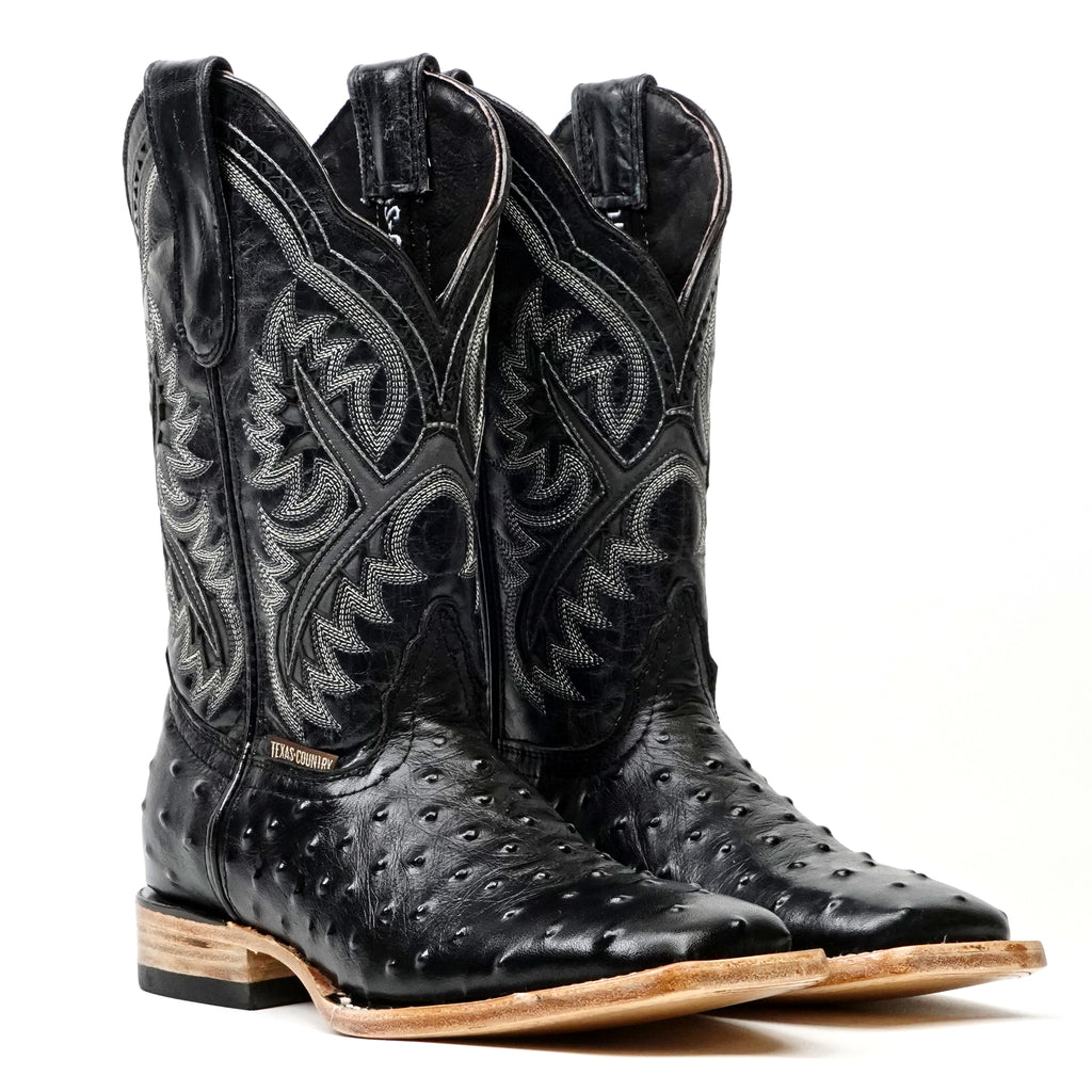 Ostrich Black Boots (Youth) - Embossed Leather - Square Toe (E424)