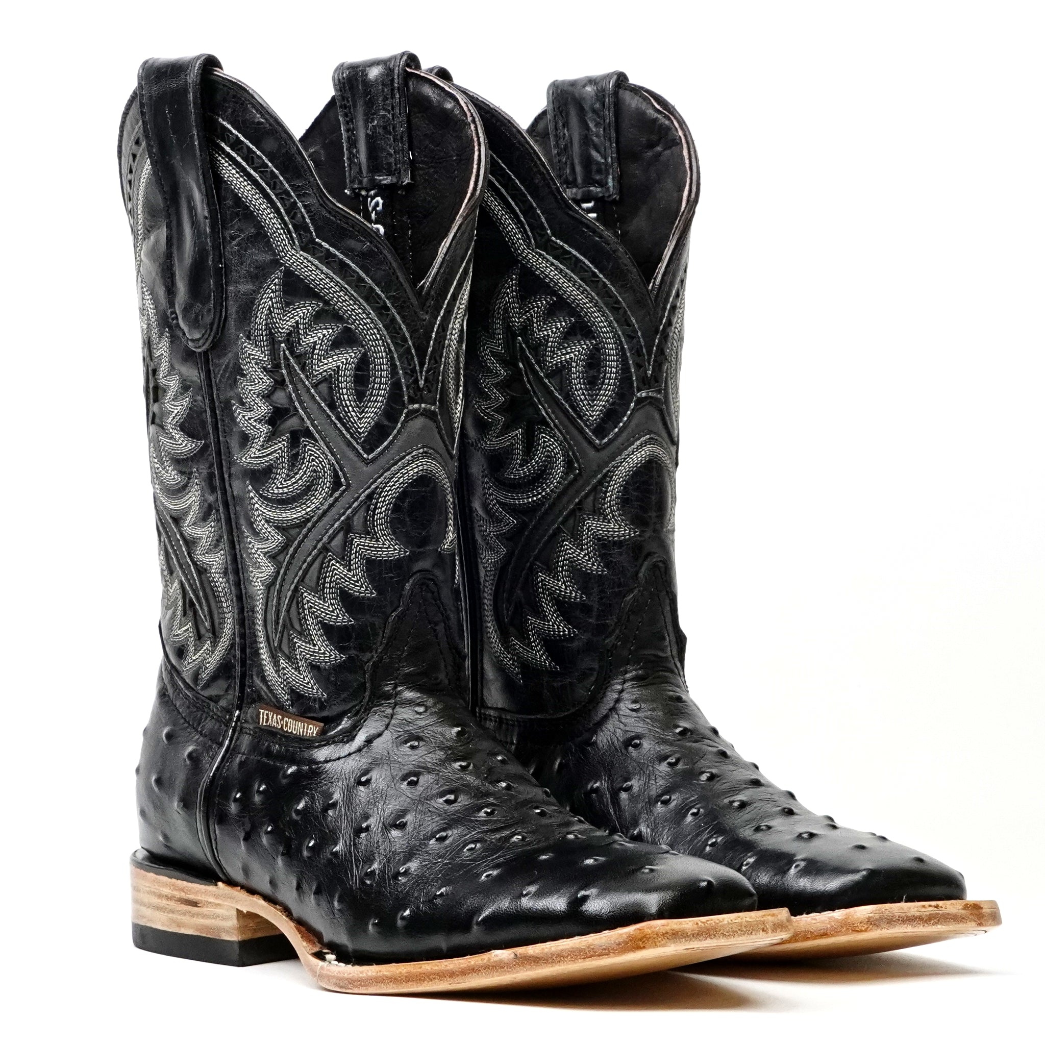 Ostrich Black Boots (Youth) - Embossed Leather - Square Toe (E424)