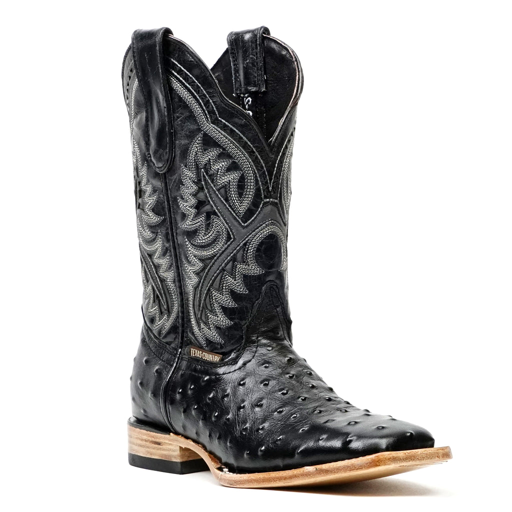 Ostrich Black Boots (Youth) - Embossed Leather - Square Toe (E424)
