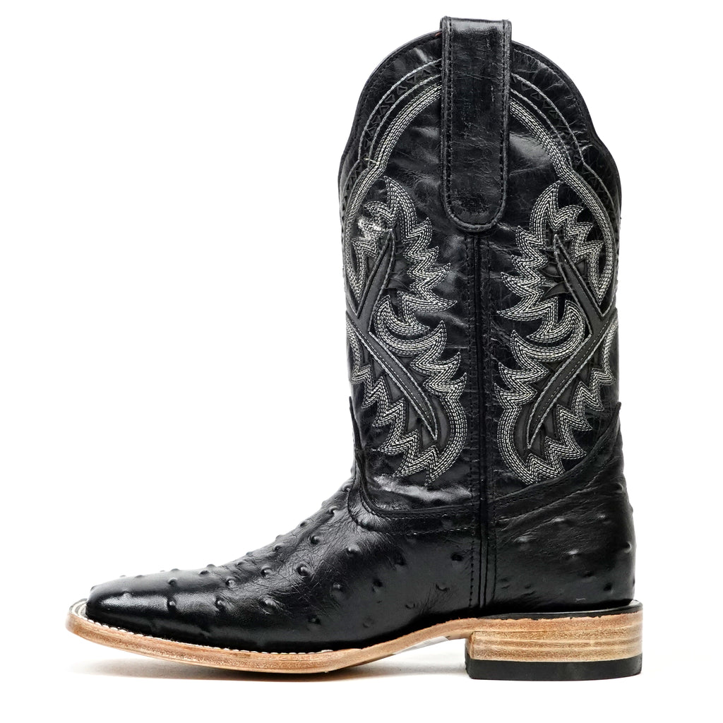 Ostrich Black Boots (Youth) - Embossed Leather - Square Toe (E424)