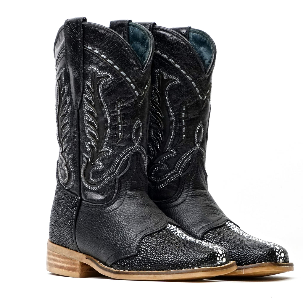 Kids Black Female Stingray Boots - Embossed Leather - Square Toe (K19-1)