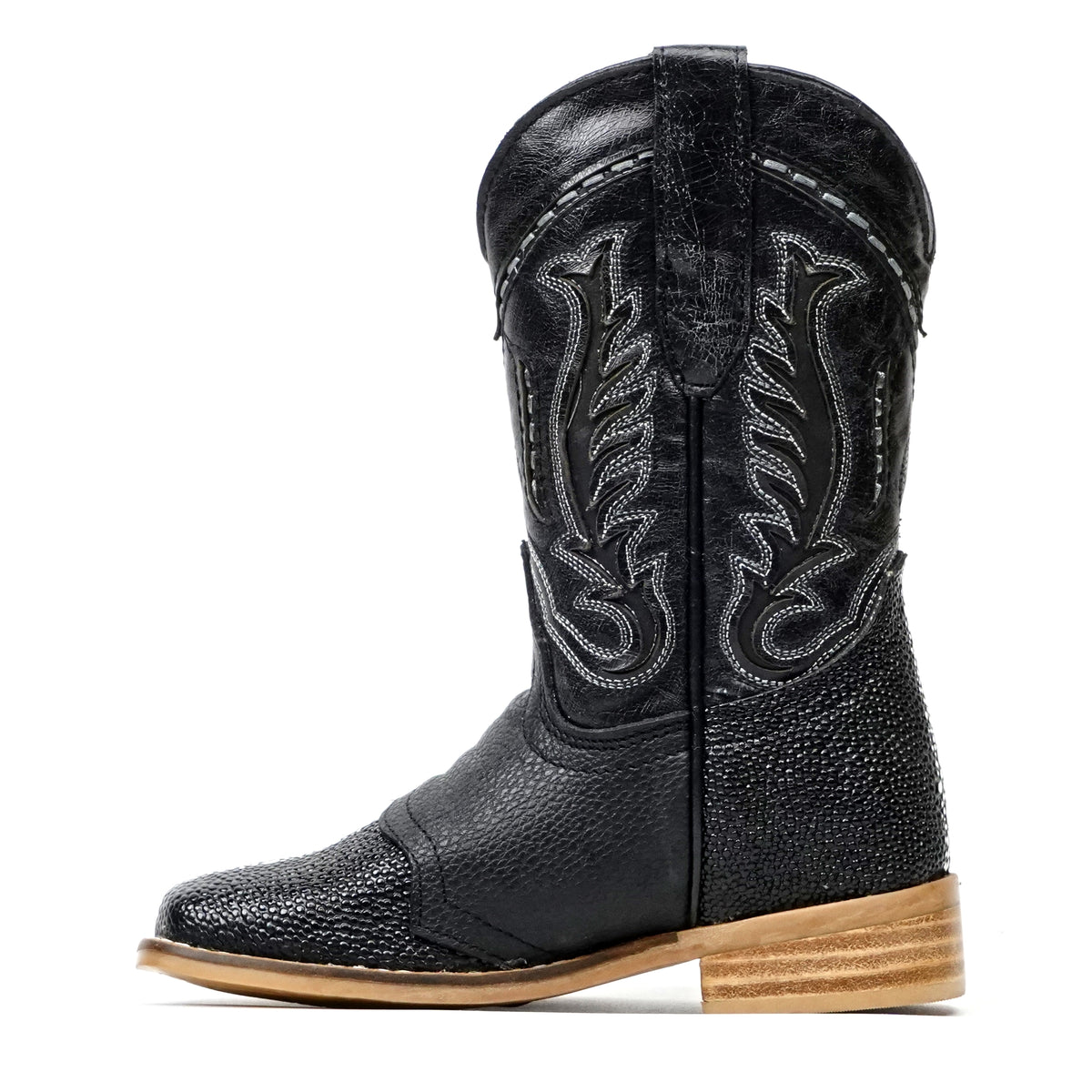 Kids Black Female Stingray Boots - Embossed Leather - Square Toe (K19-1)
