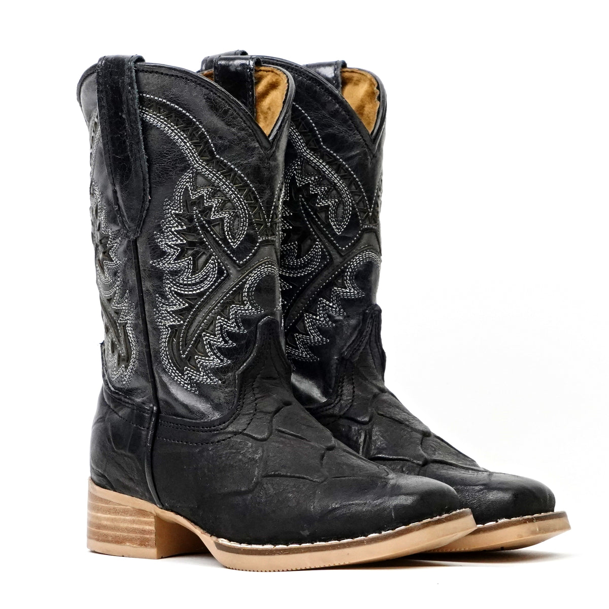 Bota Vaquera Niño de Piel Pirarucú Negra Grabada - Punta Cuadrada (K92-1)