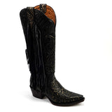 Black cowboy boot with intricate designs on a white background
