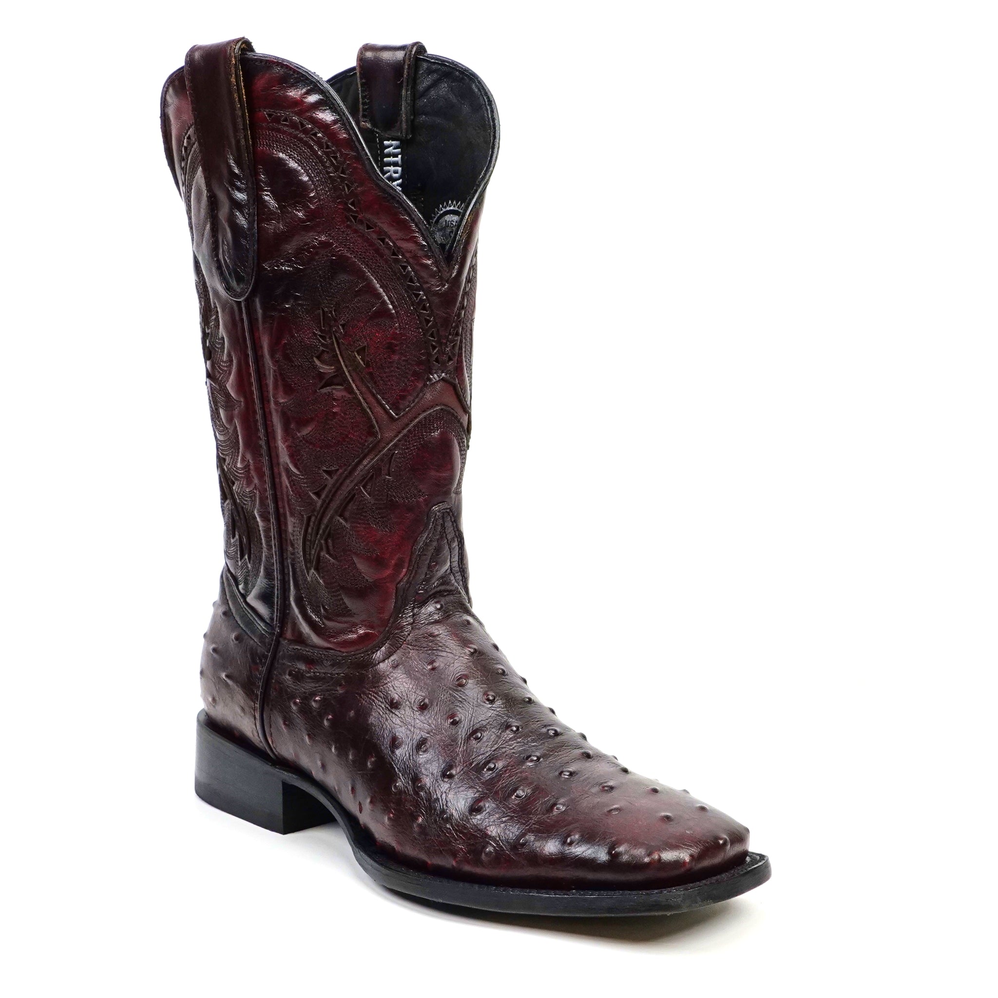 Ostrich Black Cherry Cowboy Boots - Embossed Leather - Square Toe (E424)