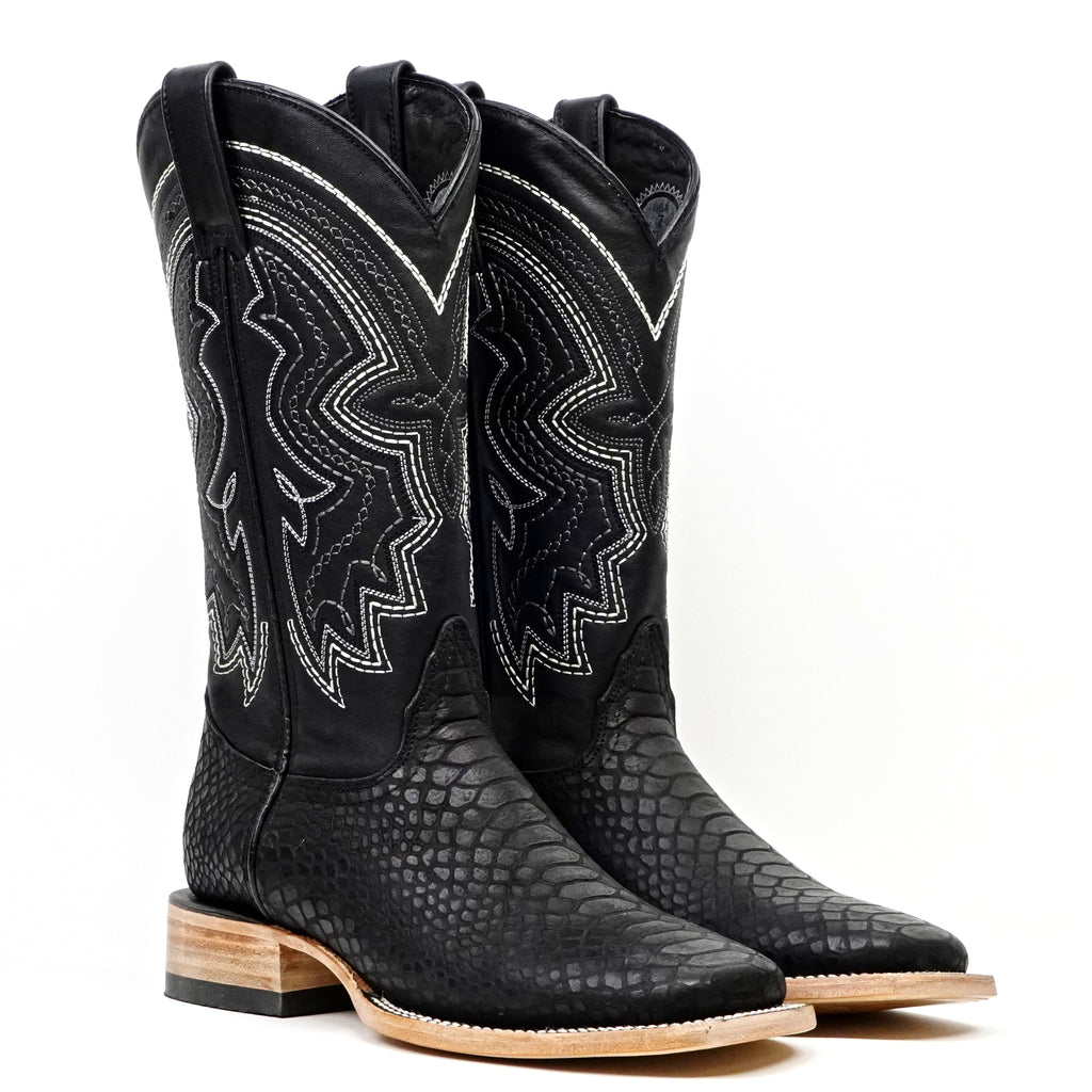 Botas Cowboy Python Negras - Piel Grabada - Punta Cuadrada (E425)