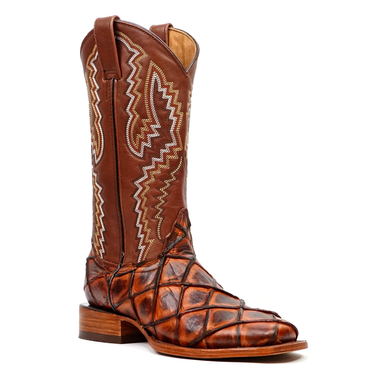 Pirarucu Fish Cognac Boots - Embossed Leather - Square Toe (E963)
