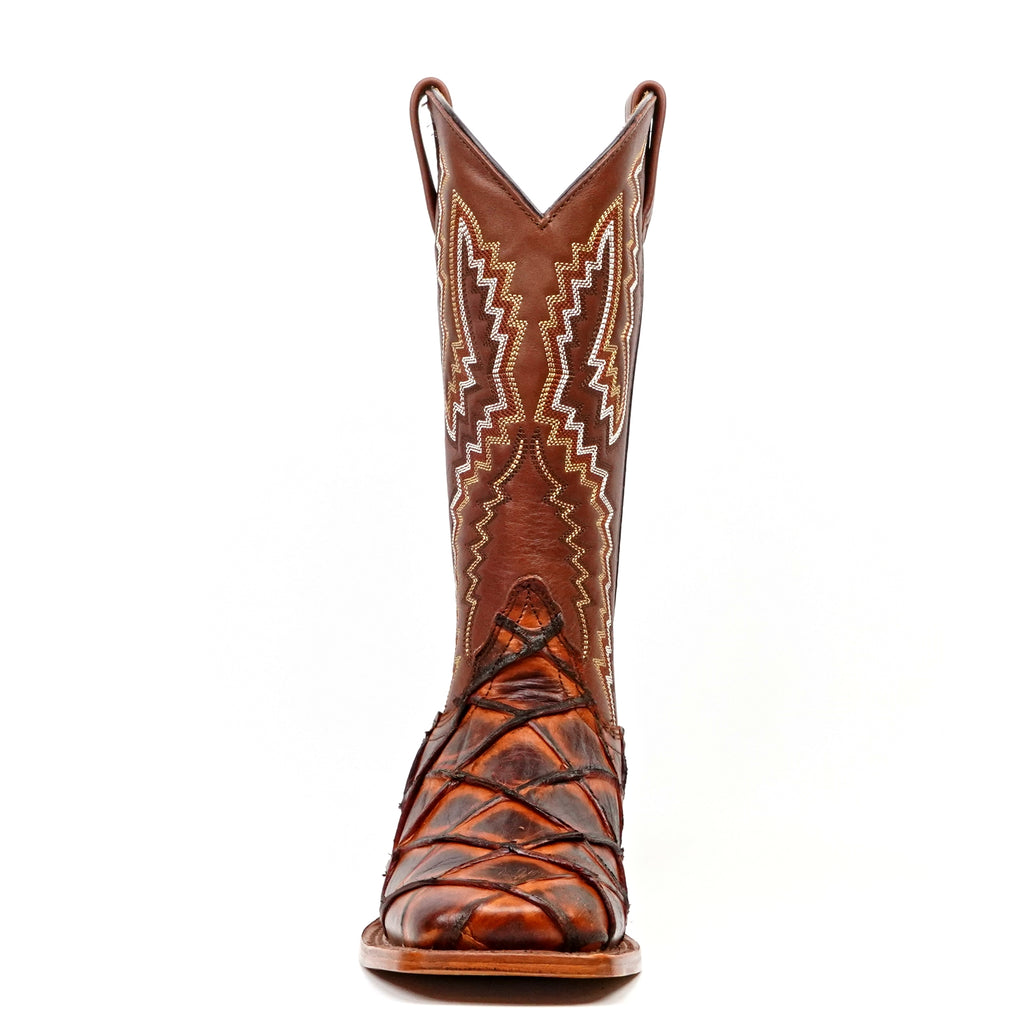 Pirarucu Fish Cognac Boots - Embossed Leather - Square Toe (E963)