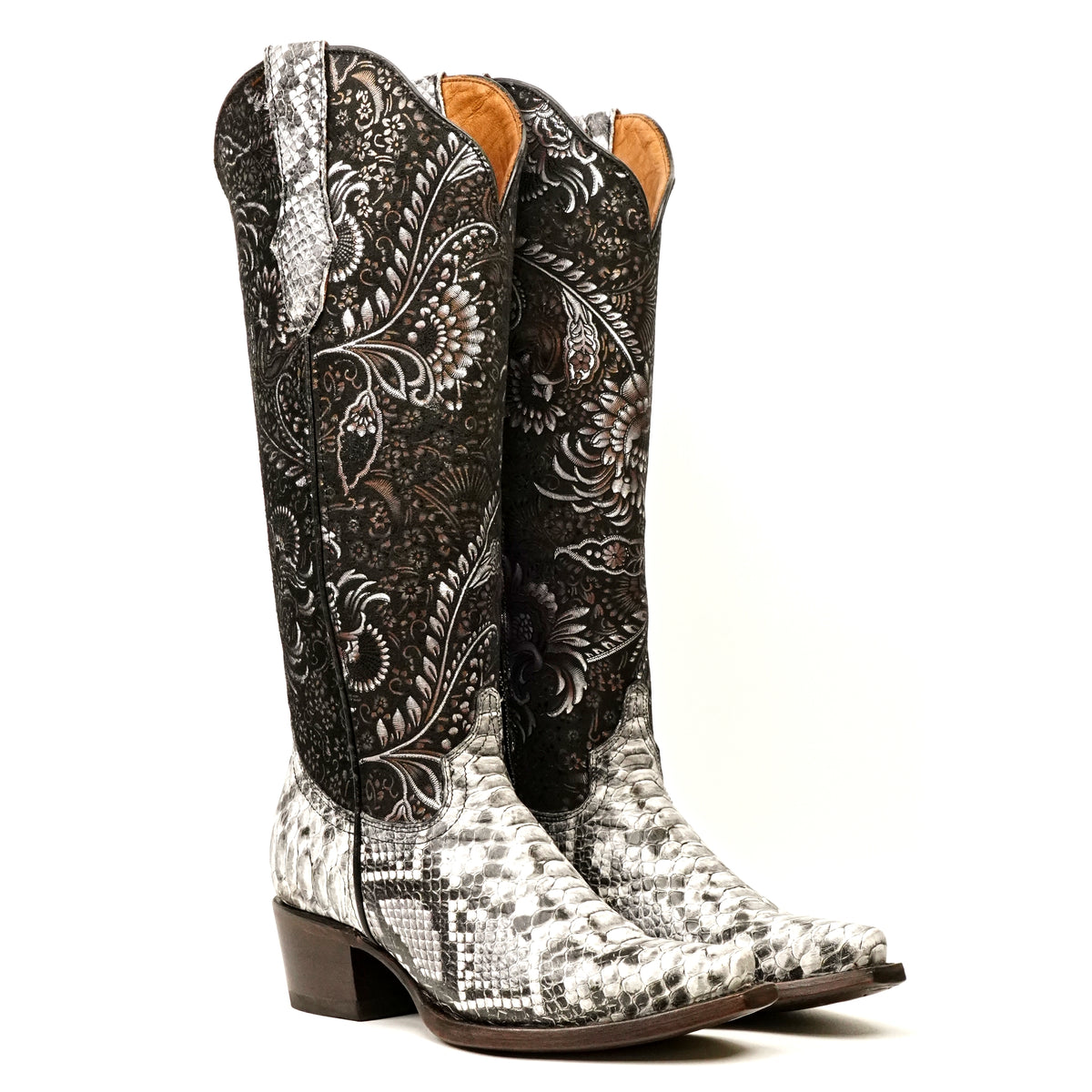 Marcie - Botas vaqueras Python Natural - Piel grabada - Caña alta - Punta fina (E867)