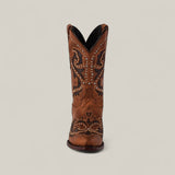 Front view of the Dolly - Brown - Snip Toe boot, showcasing intricate embroidery and decorative studs, set against a neutral background.