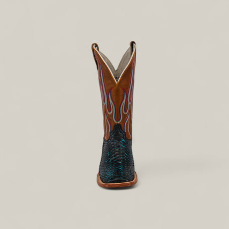 Front view of the Exotic Python - Dark Blue - Square Toe Boot from the Platinum Collection, featuring a brown upper with red and blue flame stitching and a textured dark blue python foot, set against a plain light background.