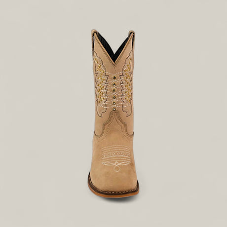 The Orion Suede Bone - Square Toe Kids Boots are tan, crafted from premium suede with decorative white and yellow stitching on the shaft and toe, shown from the front against a plain light background.