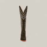 A single Della Olive Green tall shaft snip toe boot with decorative stitching stands upright, viewed directly from the front, against a plain light background.