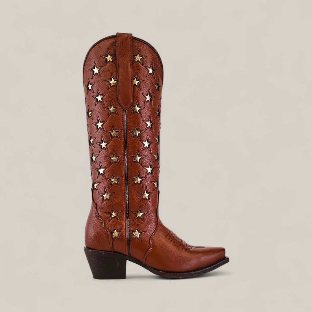 The Marjorie Star Brown - Tall Shaft - Snip Toe women’s cowboy boot features metallic gold star cutouts, a pointed snip toe, and mid-height black heel, shown singly on a plain light background.