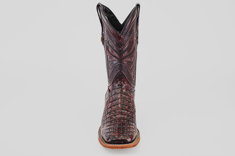 The Exotic Caiman Horn Back - Black Cherry - Square Toe boot features intricate stitching and a textured horn back leather pattern, shown from the front against a plain light background.