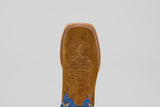 A close-up top view of the Gold Suede - Square Toe boot, crafted in brown suede with luxury white stitching on the square toe and blue ankle accents, set against a plain light background.