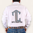 A person shown from behind wears a lightweight white shirt with a bold, colorful TC logo and "HATS COLLECTION" on the back, blue jeans, and the TC Hats - White Blue Aztec patterned belt.