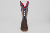 The Morgan - Matte Brown - Square Toe mens boot from the Diamond Collection showcases a textured dark brown lower, blue upper with white diamond and zigzag patterns, red lining, and a light brown sole on a gray background.
